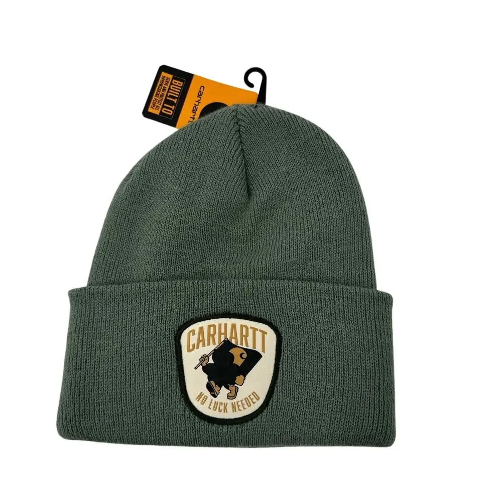 Carhartt Knit Green Beanie Shamrock Patch No Luck Needed Sock Hat NWT OSFM